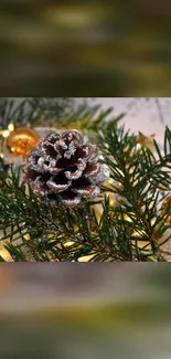 Festive pine cone with glowing lights and green branches.