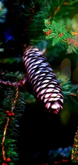 Festive pinecone on green branches, holiday-themed mobile wallpaper.