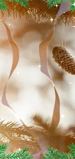 Festive pinecone with golden light and pine branches in a serene wallpaper design.