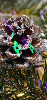 Festive pinecone with gold ornaments and green branches in a holiday scene.