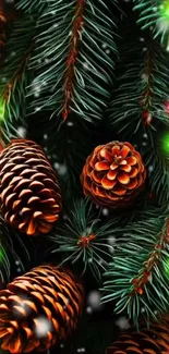 Pinecones with colorful lights on evergreen branches for holiday wallpaper.