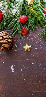 Festive pinecones, branches, and stars on a wooden background.