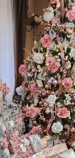 Christmas tree with pink flowers and gifts in a cozy room setting.