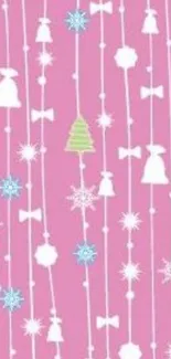 Festive pink wallpaper with white Christmas ornaments and snowflakes.