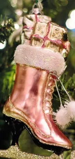 Pink ice skate ornament with gifts on tree.