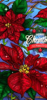 Festive Christmas wallpaper with red poinsettias and holiday greeting.