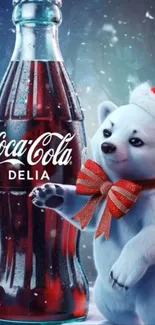 Cute polar bear with Santa hat next to Coca-Cola bottle.