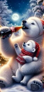 Festive polar bears celebrate Christmas in a snowy holiday scene.