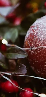 Festive pomegranate with berries in a winter setting.