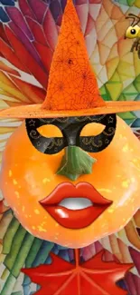 Whimsical Halloween pumpkin art with vibrant colors masking.