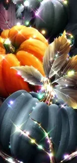 Vibrant pumpkins with sparkling lights and leaves on a mobile wallpaper.