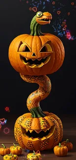 Festive mobile wallpaper featuring carved pumpkins and a snake on a dark background.