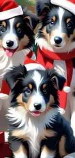 Three puppies wearing Santa hats and surrounded by gifts, bringing festive joy.