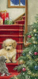 Puppy and kitten by Christmas tree with gifts on red carpet steps.