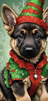 Festive German Shepherd puppy in elf costume on green background with snowflakes.