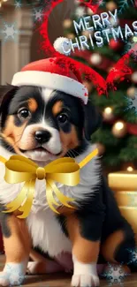 Adorable puppy with Santa hat and bow, Christmas themed wallpaper.