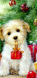 Cute puppy with gifts under a Christmas tree.