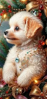 A cute puppy surrounded by festive holiday decorations and ornaments.
