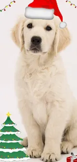 Cute puppy wearing Santa hat with Christmas decor on phone wallpaper.