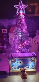 Purple Christmas scene with glowing tree and village.