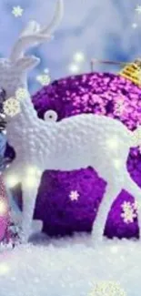 White reindeer with purple ornaments and snowflakes on holiday wallpaper.