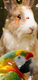 Festive wallpaper featuring a rabbit and a parrot with holiday decorations.