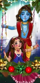 Colorful Radha Krishna festive wallpaper.