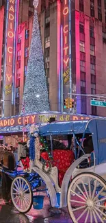 Festive holiday scene at Radio City Music Hall with a horse carriage.