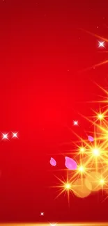 Red festive wallpaper with glowing golden stars.