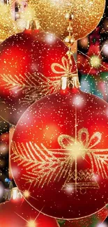 Festive red and gold Christmas ornaments wallpaper.