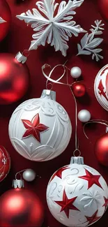 Red and white Christmas ornaments with decorative patterns.