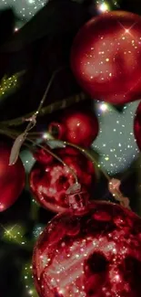 A festive wallpaper with red Christmas baubles and sparkling glitter.