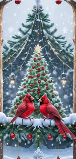 Red cardinals on snowy branch with decorated Christmas tree.