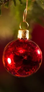 A shiny red Christmas ornament on a tree.