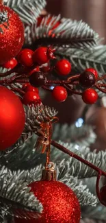 Red Christmas ornaments with pine branches.