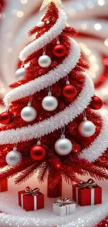 Festive red Christmas tree with white ornaments and presents.