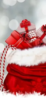 Red Christmas gifts in festive holiday design wallpaper.