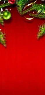 Festive Christmas wallpaper with red background and ornaments.