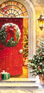 Festive red door with wreath and Christmas decor in winter snow.