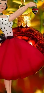 Animated festive lady with red dress and ornament in background.