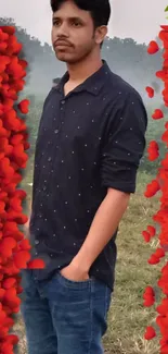 Person standing in field with red floral borders