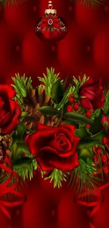 Festive red wallpaper with roses and ornaments.