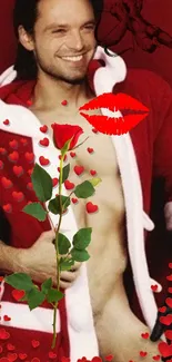 Red festive wallpaper with hearts, rose, and Santa outfit.