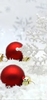 Red Christmas ornaments in snow with frosty decorations.