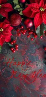 Festive New Year wallpaper with red poinsettias and greeting text.