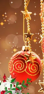 Red and gold Christmas ornaments with stars and festive decorations.