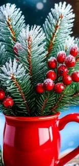 Red mug with pine branches and red berries wallpaper.