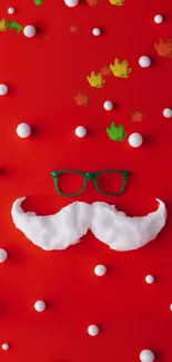 Red background with white mustache and green glasses.