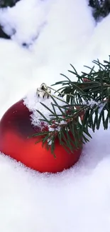 Red ornament nestled in snow with evergreen branch.