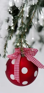 Festive red and white ornament hanging on a snowy pine branch.